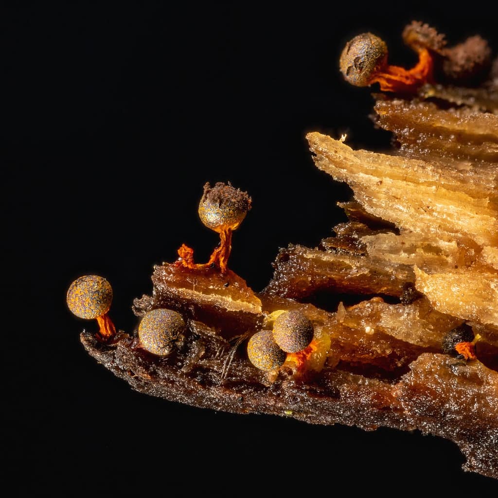 Physarum psittacinum, Oranjesteelkalkkopje