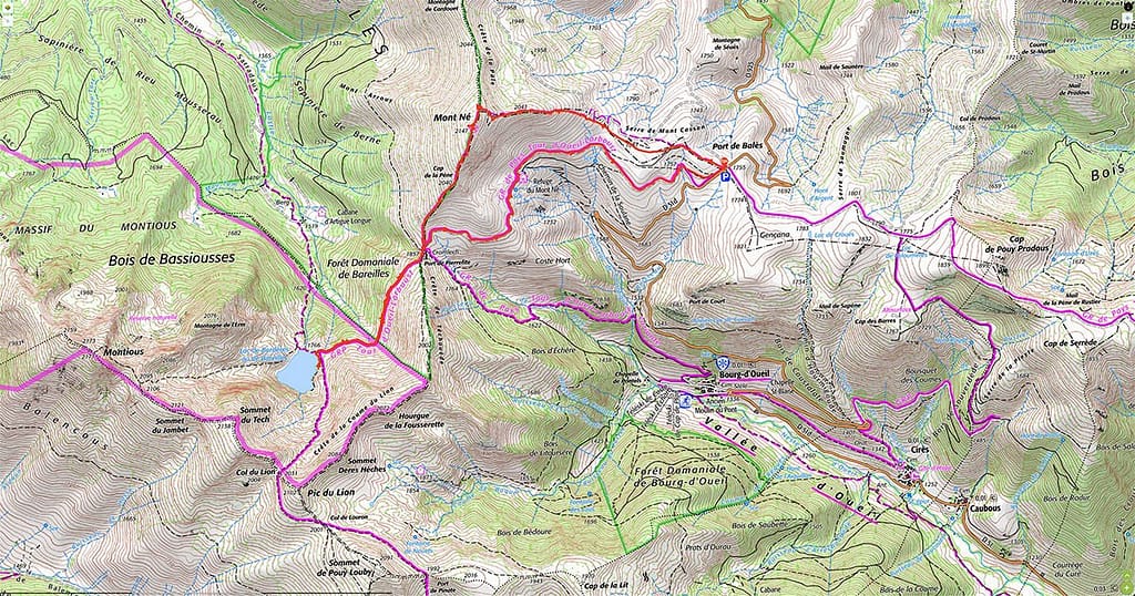 Kaart wandeling Mont Né en Lac de Bordères